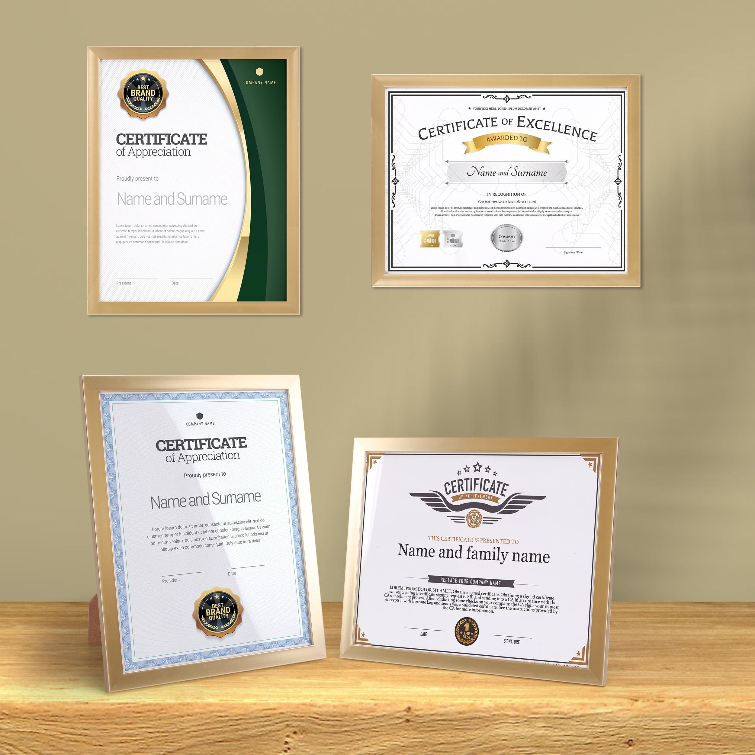 EYMPEU 8.5x11 Picture Frames Gold Set of 7, 8.5 x 11 Certifaicate Frame Document Award Diploma Display, Wall or Tabletop
